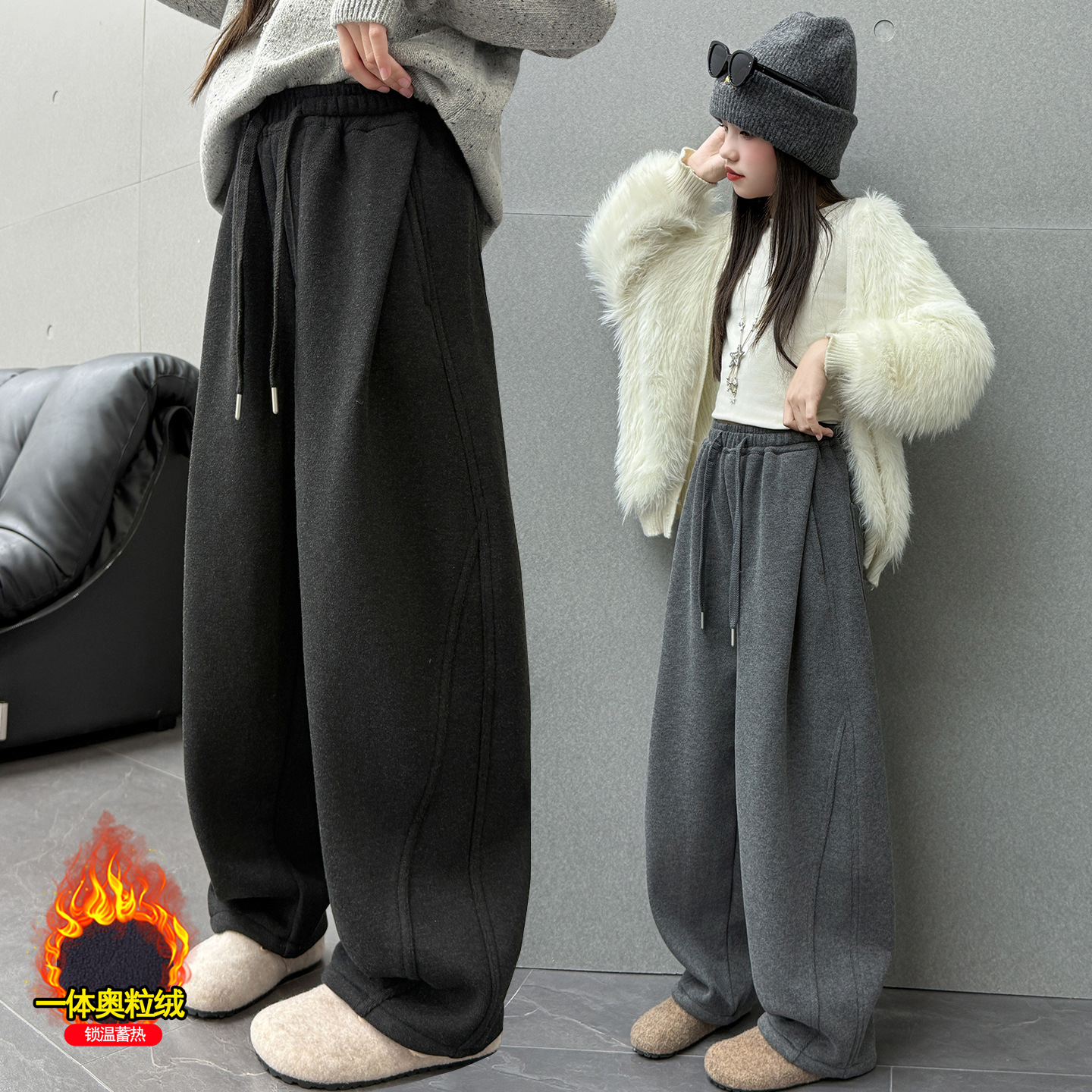 女童秋冬加绒卫裤冬季儿童保暖加厚一体绒弯刀裤中大童裤子跨境