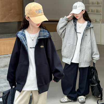 女童外套春秋2025新款儿童卫衣连帽拉链衫洋气中大童双面穿运动服