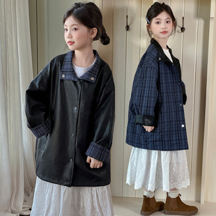 洋气女大童韩版 外套2026新款 两面穿大衣 春秋装 女童皮衣儿童中长款