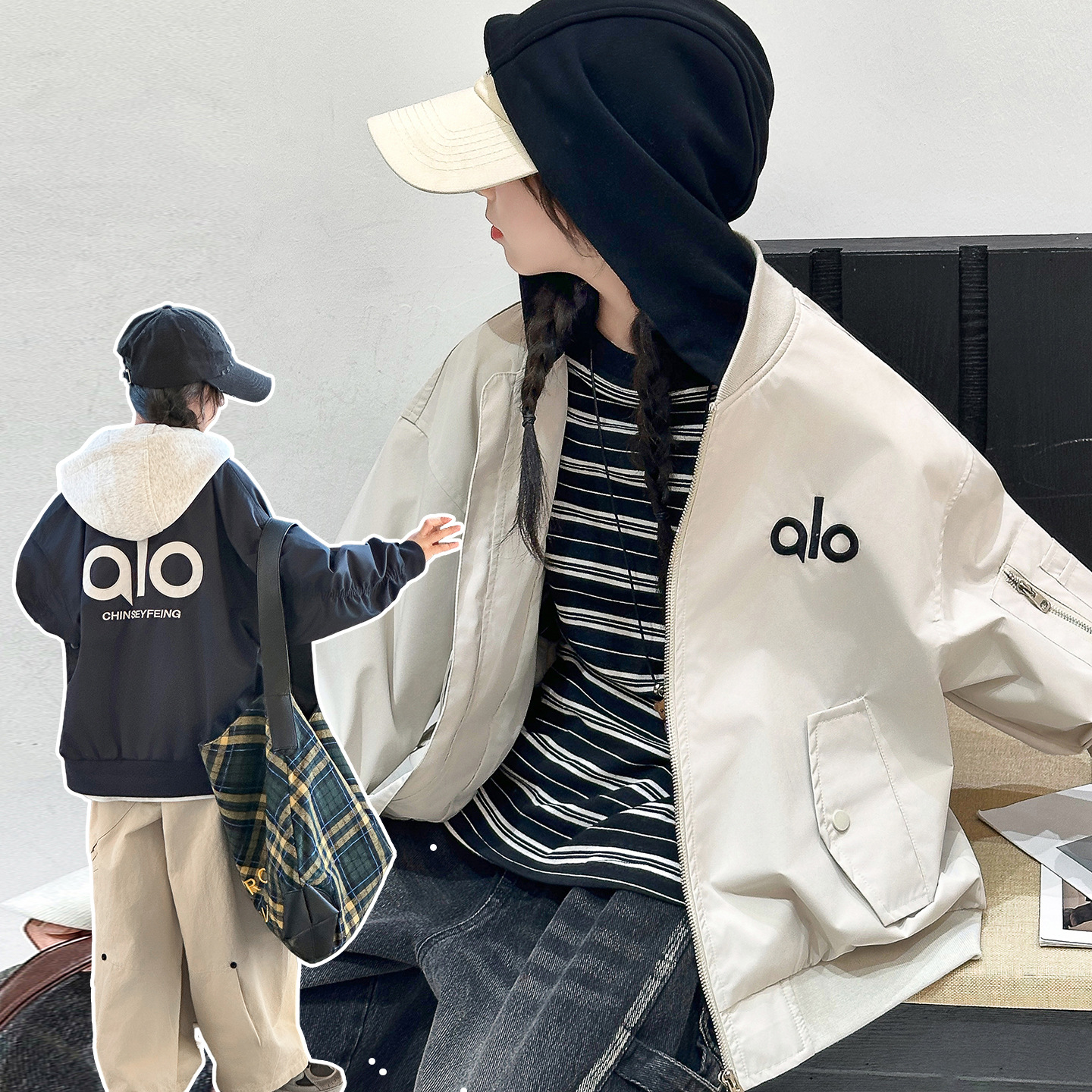 儿童秋季美式假两件连帽外套男童女童撞色防水刺绣字母飞行服夹克