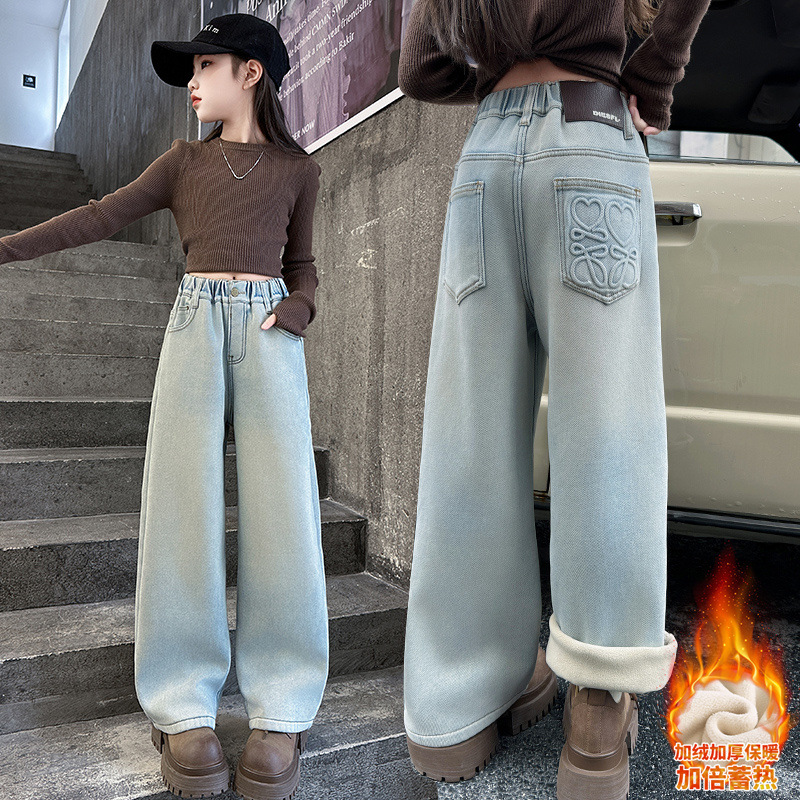 女童牛仔裤一体绒冬季新款2025大童加绒阔腿裤儿童装秋冬加厚裤子