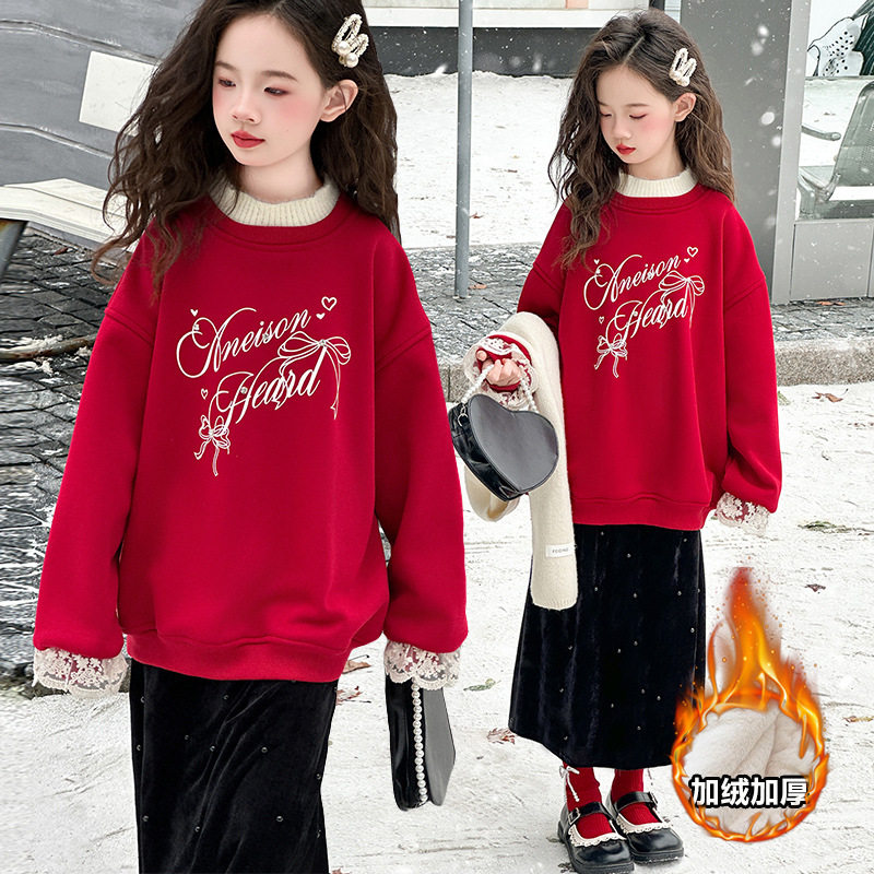 年货女童秋冬加绒卫衣2025新款儿童韩系中大童撞色一体绒保暖上衣