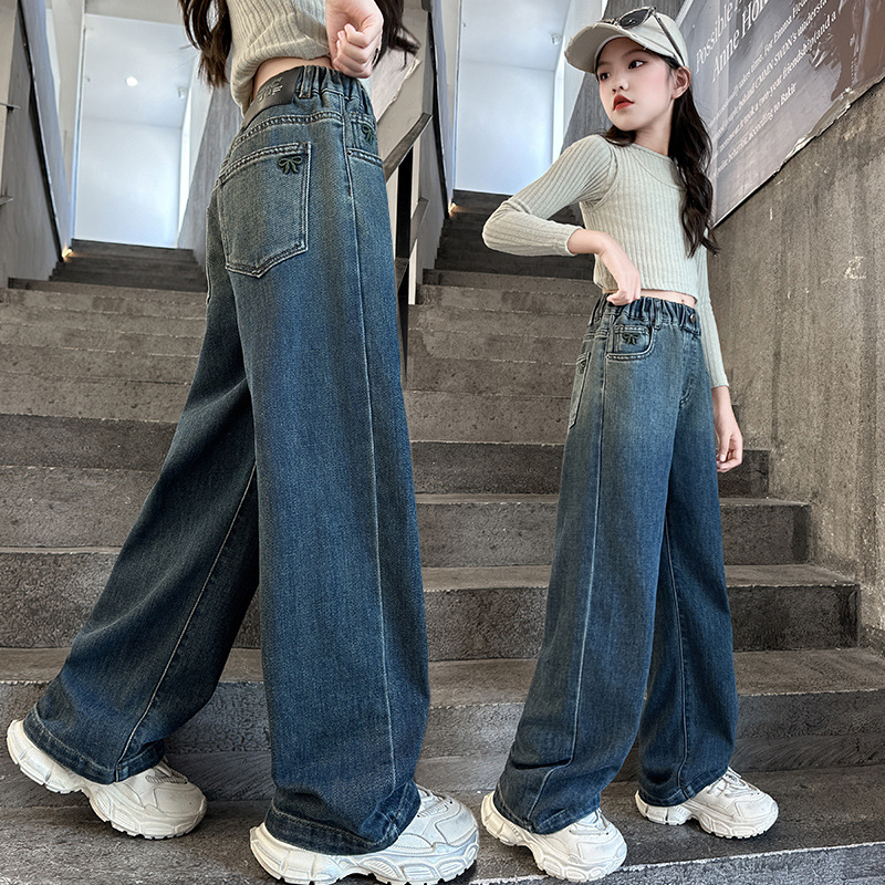 女童直筒牛仔裤春秋2025新款网红女大童春季渐变色儿童阔腿裤秋装