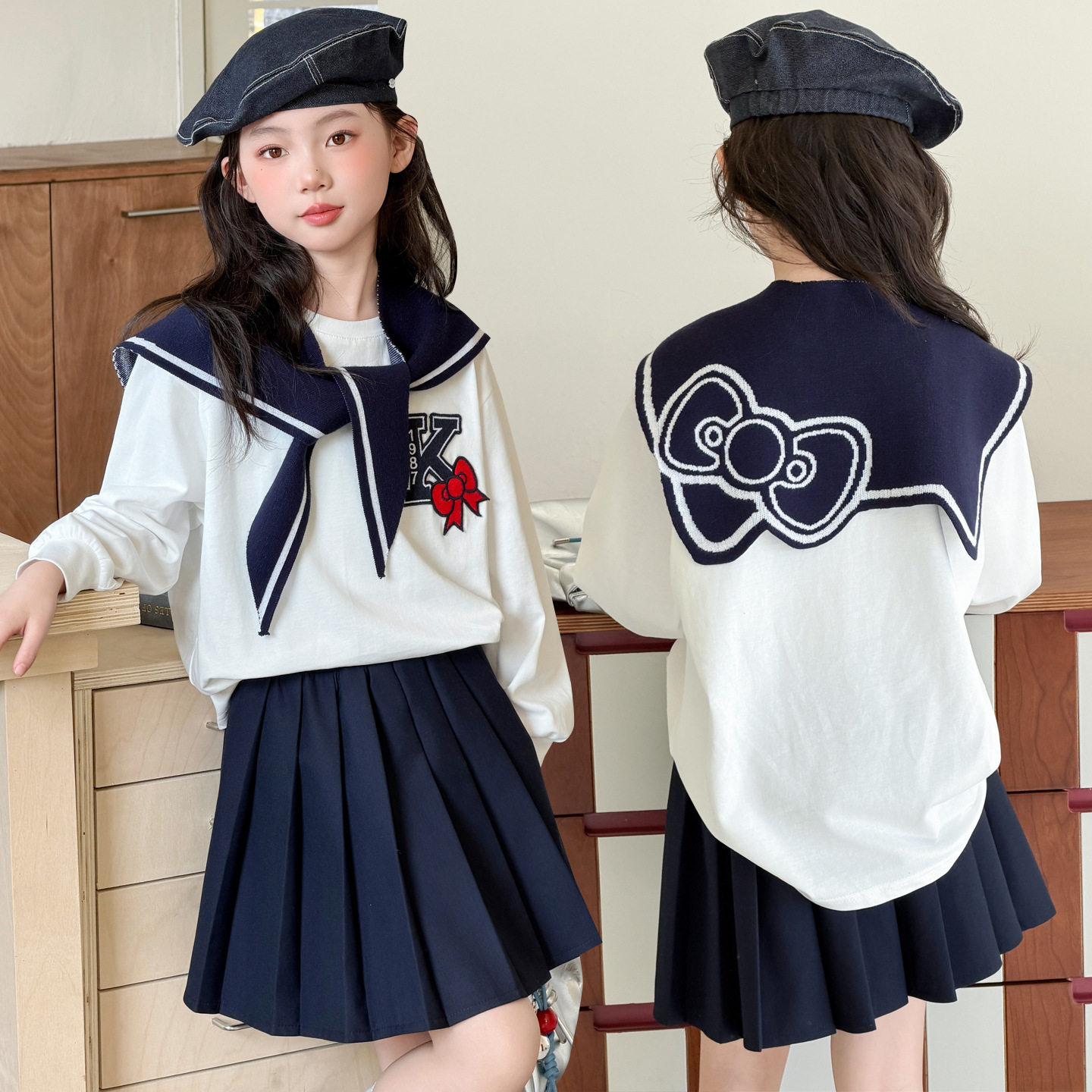 女童套装裙2026年春季新款中大童撞色披肩百褶裙卡通春秋JK两件套