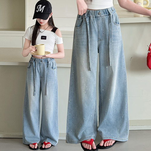 跨境女童裤子夏季薄款牛仔裤2026新款儿童韩系满天星烫砖阔腿长裤