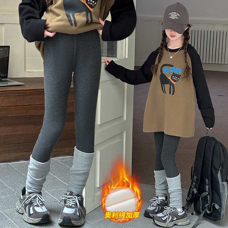 女童秋冬打底裤加厚2025新款冬季外穿中大童时髦深灰色弹力裤加绒