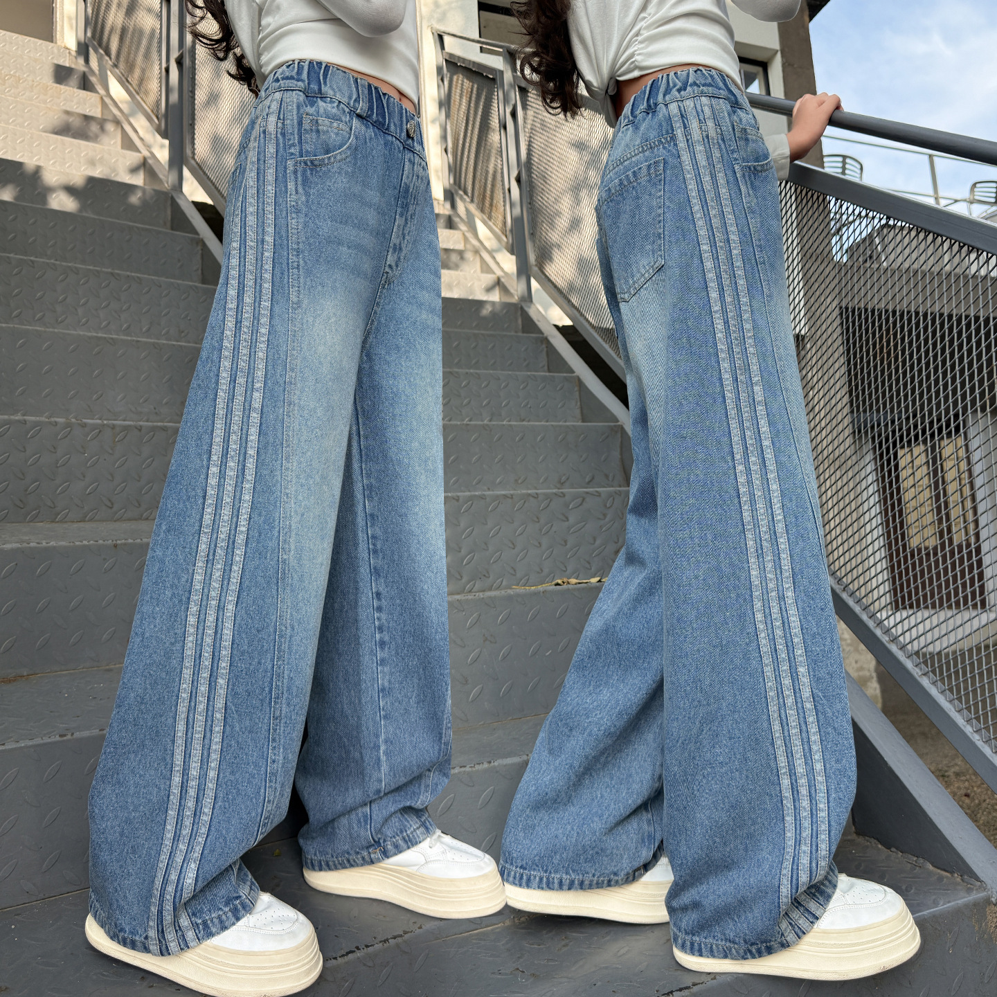 女童秋装美式拉条休闲牛仔裤2025新款秋季儿童外穿裤子大童弯刀裤