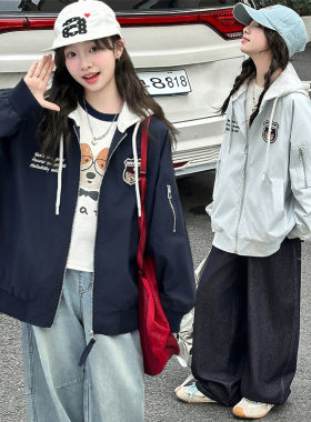 女童运动外套春秋款2026新款大儿童装休闲贴标连帽棒球服上衣春装