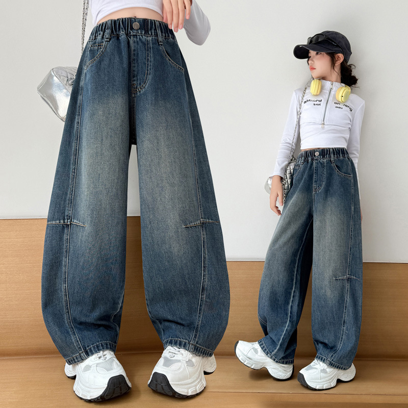 女童牛仔裤秋款2025新款儿童秋装弯刀裤女大童宽松阔腿休闲长裤潮
