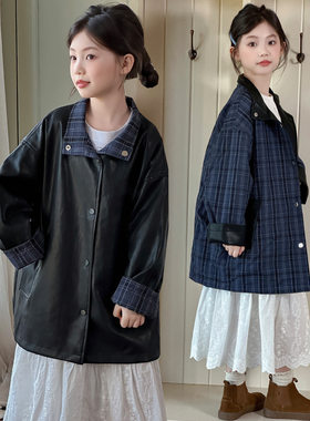 女童皮衣儿童中长款春秋装外套2026新款洋气女大童韩版两面穿大衣