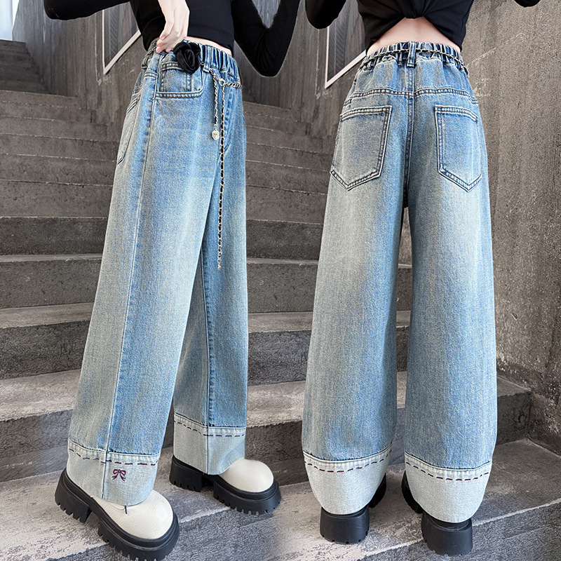 时髦流行春秋新款女童牛仔烟管裤2025春款中大童阔腿裤子现货跨境