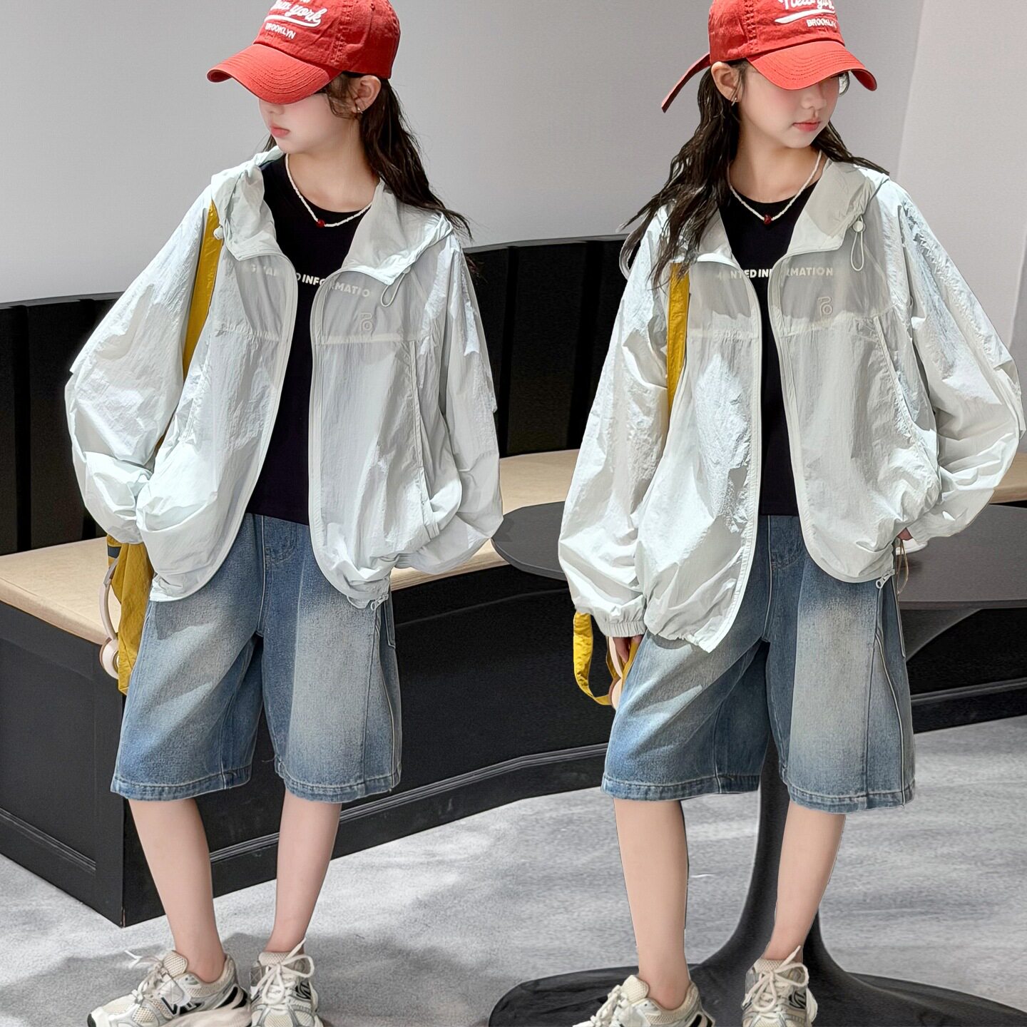 美式连帽防晒衣女童夏季防晒衣儿童夏天防晒服宽松薄款休闲外套装图片