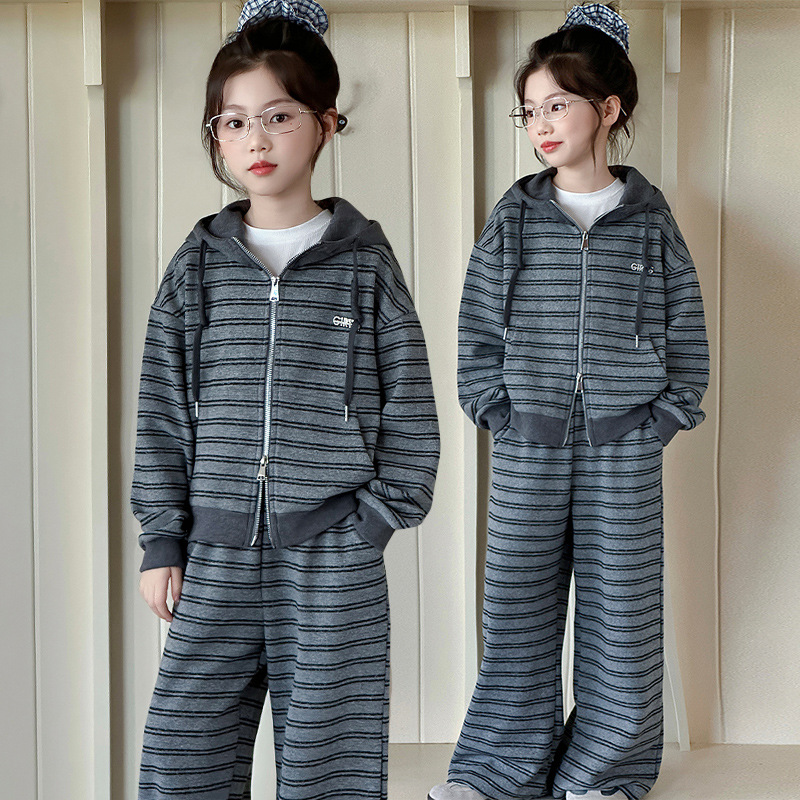 跨境女童套装2025新款中大儿童洋气休闲运动条纹拉链衫外套两件秋