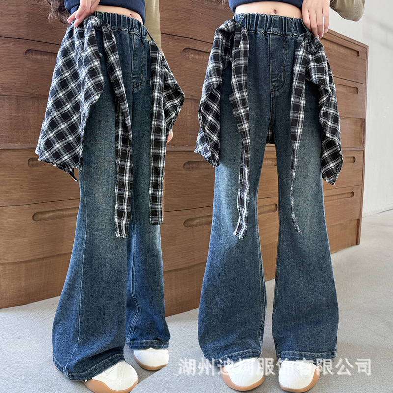 女童可拆卸屁帘拼接格纹假两件牛仔裤2025秋装新款儿童牛仔喇叭裤