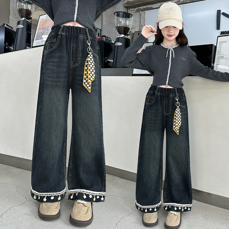女童2025秋款牛仔裤新款中大童花边脚口直筒阔腿裤洋气牛仔裤