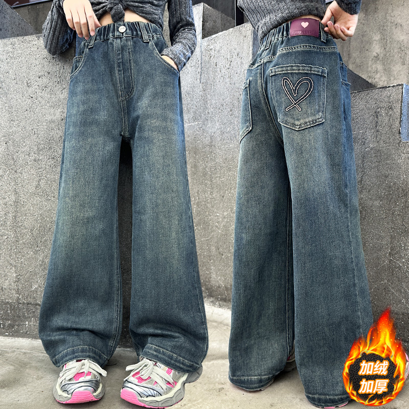 女童冬季牛仔裤2025新款女大童秋冬季韩系阔腿裤儿童休闲直筒裤子