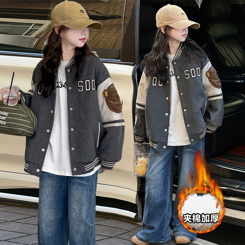 跨境女童秋冬外套新款中大童女孩洋气潮范可爱加厚夹棉棒球服棉服