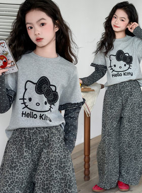 女童春款套装韩范新款中大童春装卡通猫打底上衣花边街舞豹纹裤子