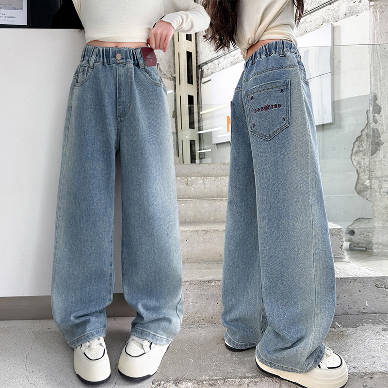 跨境女童牛仔裤秋装2025新款儿童网红裤子大童长裤女孩时尚直筒裤