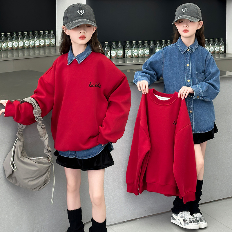 女童卫衣春秋款2025新款女大童秋装牛仔衬衫儿童女孩秋季圆领上衣