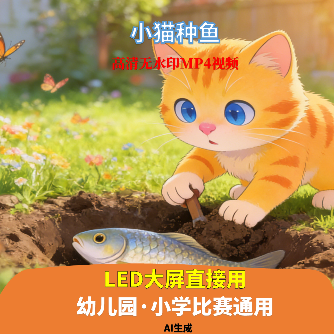 小猫种鱼 讲故事 背景视频 配乐2分26秒少儿演讲 LED 高清 AI生成