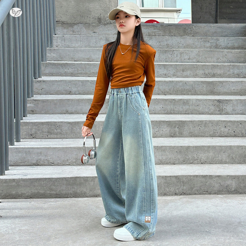 女童春秋新款中大童裤子韩系牛仔裤笑脸钉扣阔腿裤修身直筒裤