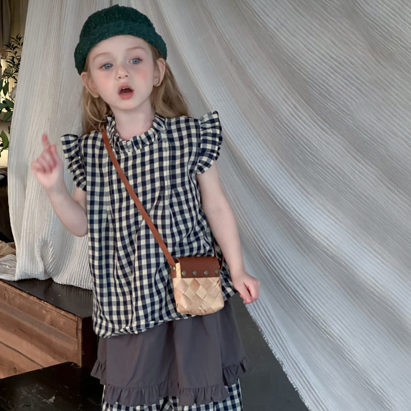 女童夏装新款韩版童装时尚格子套装小香风背心阔腿裤两件套