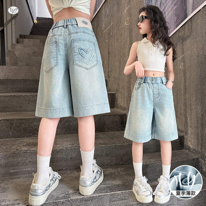 女童夏季新款中大童牛仔中裤后袋爱心五分裤休闲薄直筒裤轻