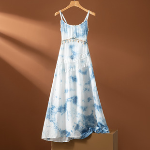云南手工植物扎染法式 甜美流苏贝壳吊带连衣裙可调节肩带女长裙子