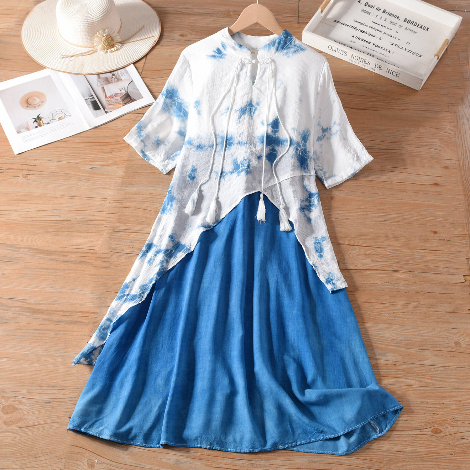 云南古法手工扎染新中式国风复古盘扣气质母女亲子装蓝染连衣裙子