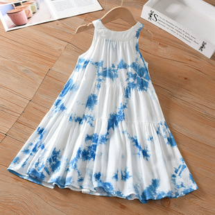 女童夏季法式茶歇连衣裙童装云南植物古法扎染裙子挂脖度假背心