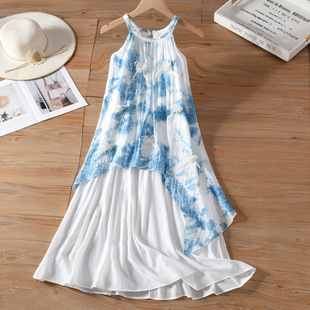 云南手工扎染法式不规则挂脖连衣裙女夏季不规则海边度假沙滩