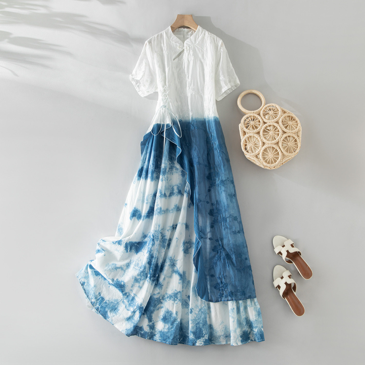 云南植物扎染新中式国风旗袍优雅新连衣裙假两件套刺绣长裙盘扣