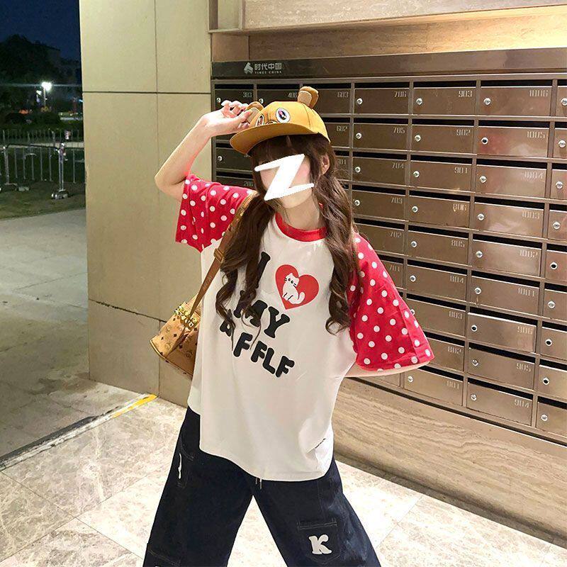 美式复古爱心波点撞色短袖t恤女大童夏装初中高中学生宽松上衣服图片
