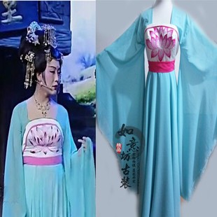 新款李玉刚反串演出服古装贵妃舞蹈服蓝色大裙摆绣花长绸舞表演服