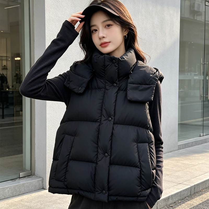 短款羽绒马甲女2026新款可拆卸连帽宽松外搭无袖加厚鹅绒服背心