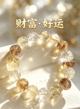 【锦财】天然水晶黄水晶手串手链金黄色圆珠女款饰品招财纳福转运