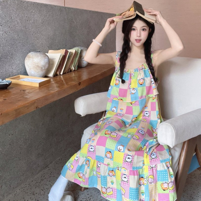 夏天防凸点吊带棉绸睡裙女薄款连衣裙睡衣家居服学生长款绵绸裙子图片