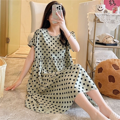 睡裙女夏季新款短袖大码波点连衣裙棉绸睡衣孕妇长裙人造棉家居服