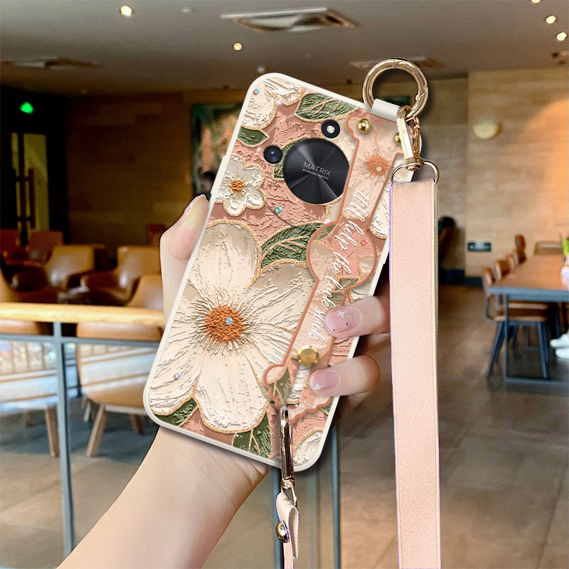 适用于荣耀X50手机壳带挂绳油画白茶花x50pro新款腕带支架荣耀x70i女款高端x40可背斜挎绳x30全包防摔硅胶