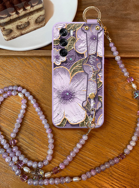 适用于OPPOReno12Pro手机壳新款Reno12女款带挂绳紫水晶斜挎绳Reno13紫色高级感保护壳Reno14全包防摔紫油画