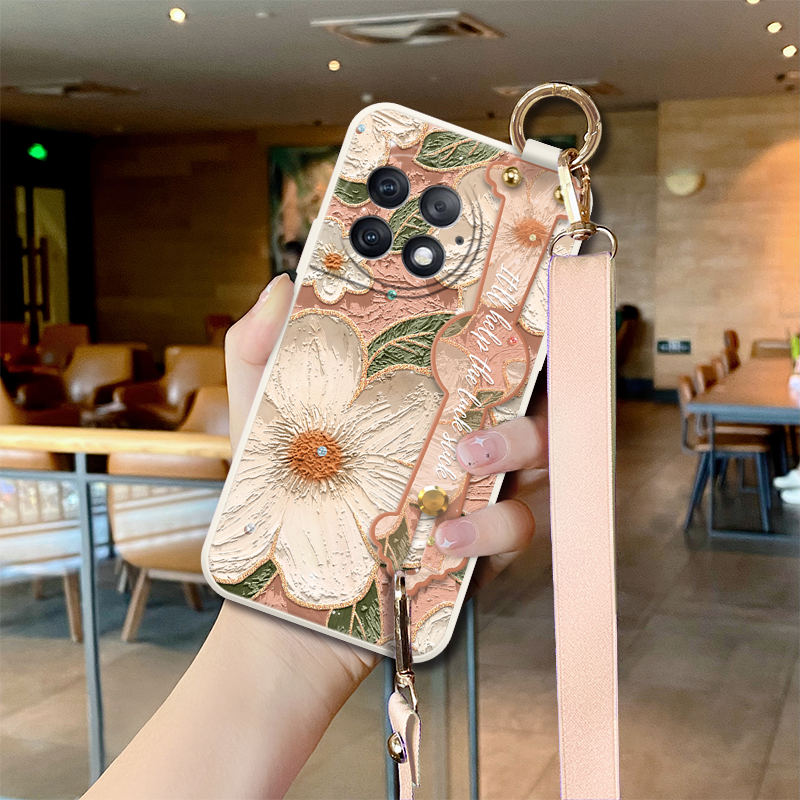 适用于一加Ace5Pro手机壳带挂绳油画白茶花一加Ace2新款小清新花朵Ace竞速版可背斜挎绳Ace3腕带女款镜头全包