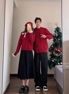 圣诞情侣装超火红色毛衣