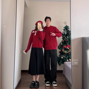 圣诞情侣装秋冬ins超火红色毛衣男女韩版宽松法式针织衫外套潮牌