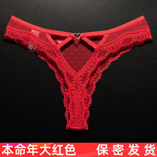 加大码 女镂空花边性感诱惑透明运动健身无痕内裤 大红色蕾丝丁字裤