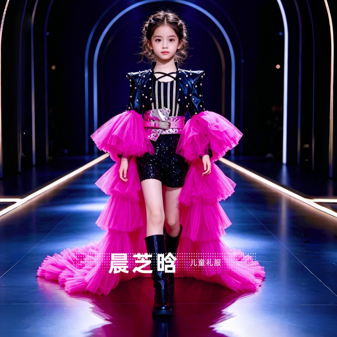 出租女童黑粉色撞色时髦精PK赛服模特走秀车模复古机车演出潮礼服