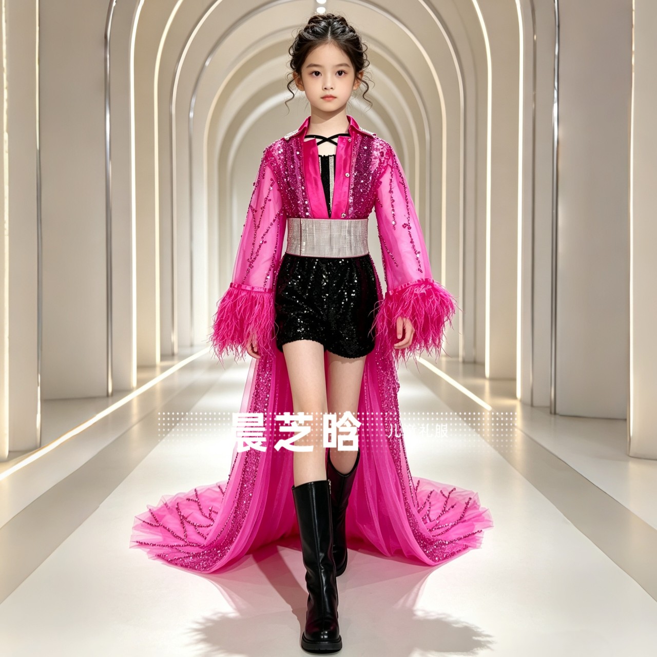 出租女童黑粉色时髦精PK赛服复古港风模特走秀演出车模潮服礼服图片