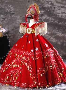 出租女童高端红色罗马假日复古宫廷模特走秀生日主持演出晚礼服