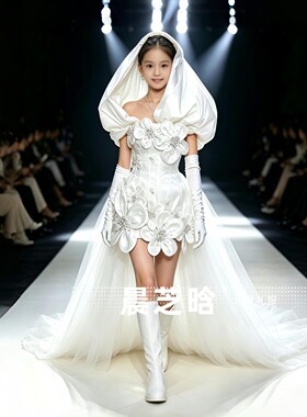 出租女童白色花朵十二花神公主复古港风国潮模特走秀潮服礼服