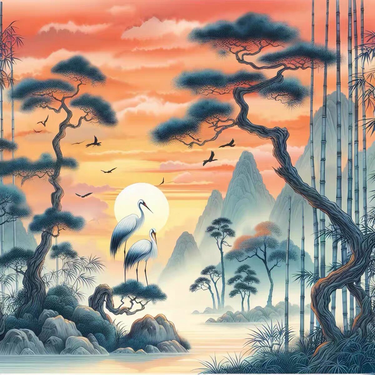 中式松鹤延年可移除墙贴